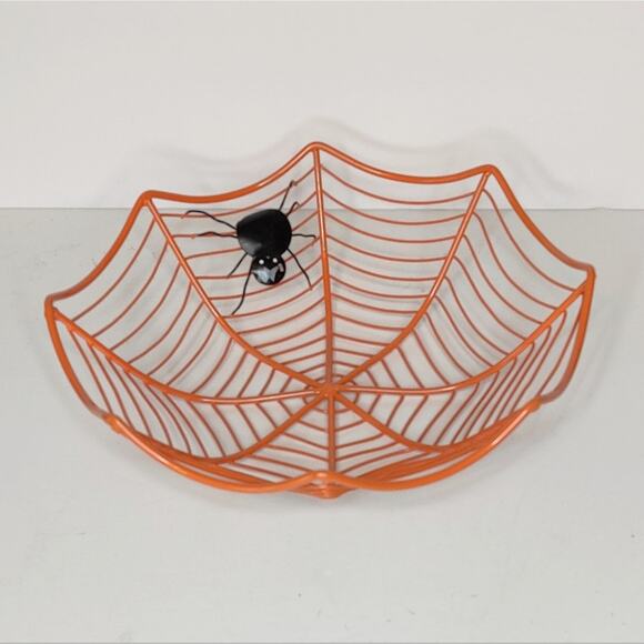 Orange Metal Spiderweb Halloween Candy Bowl Dish - Picture 6 of 12